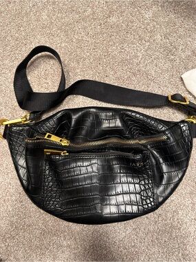 Fawn Design Black Croc-Embossed Leather Crossbody Belt Bag with Gold Hardware